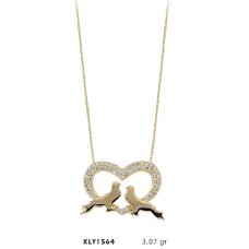 14 Ayar Altın Kalpli Kuş Kolye KLY1564