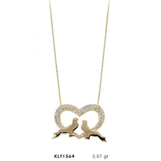 14 Ayar Altın Kalpli Kuş Kolye KLY1564