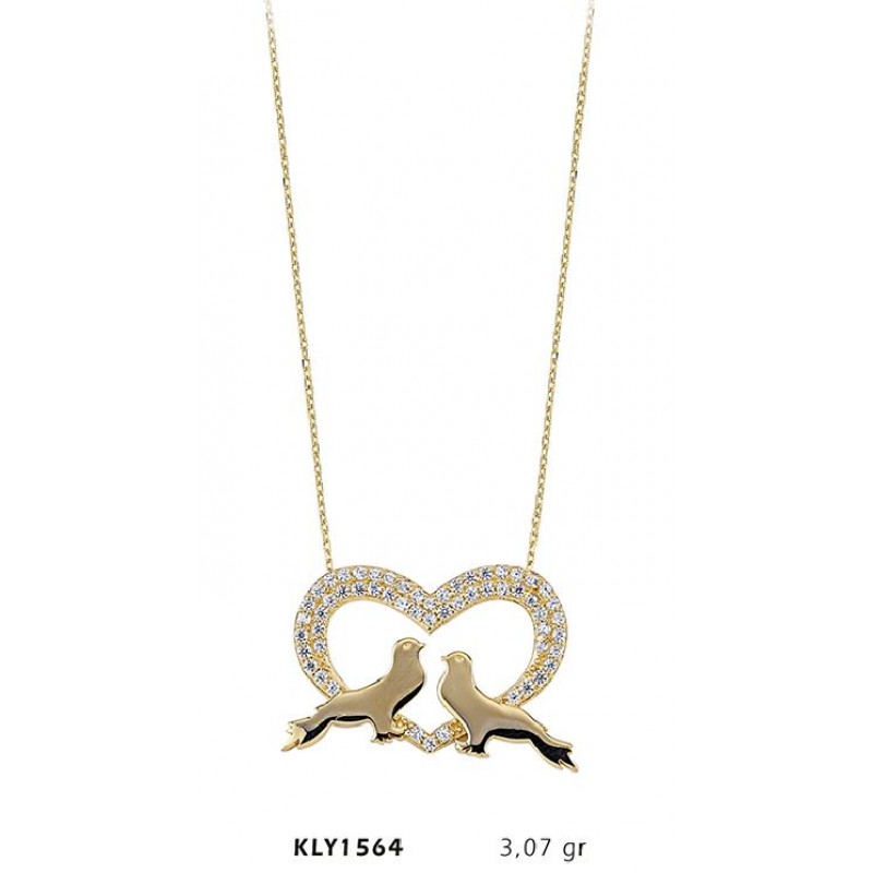 14 Ayar Altın Kalpli Kuş Kolye KLY1564