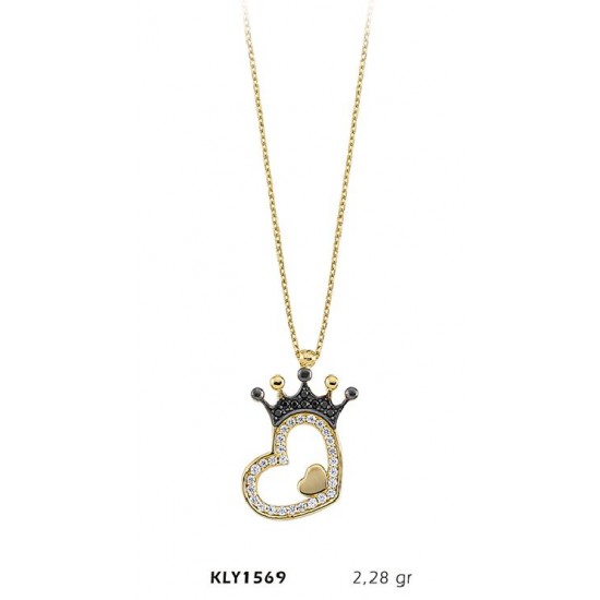 14 Ayar Altın Kalpli Kral Tacı Kolye KLY1569