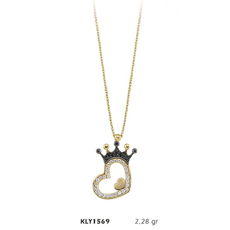 14 Ayar Altın Kalpli Kral Tacı Kolye KLY1569