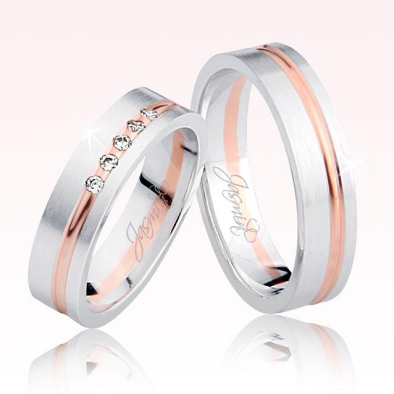 Beyaz Rose Şeritli Taşlı Altın Alyans 1702-3