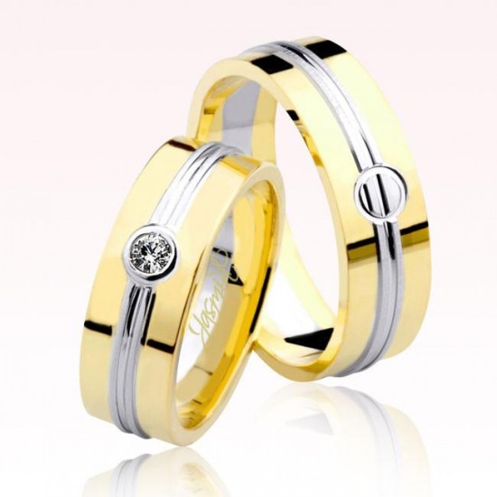 Sarı Beyaz Şeritli Tektaş Altın Alyans 1805-3