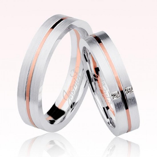 Beyaz Rose Şeritli Taşlı Altın Alyans 2505-2