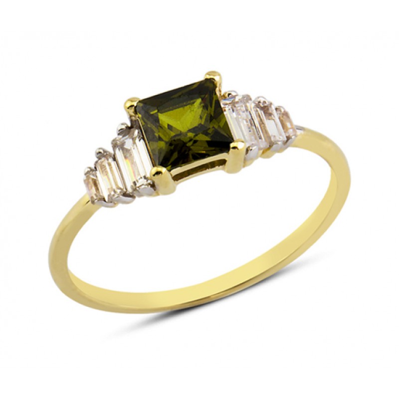 14 Ayar Altın Yeşil Kare Taşlı Yüzük YZK006