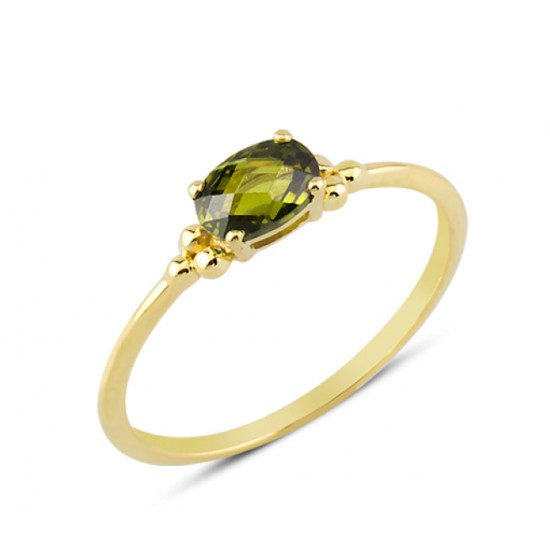 14 Ayar Altın Yeşil Oval Taşlı Yüzük YZK008A
