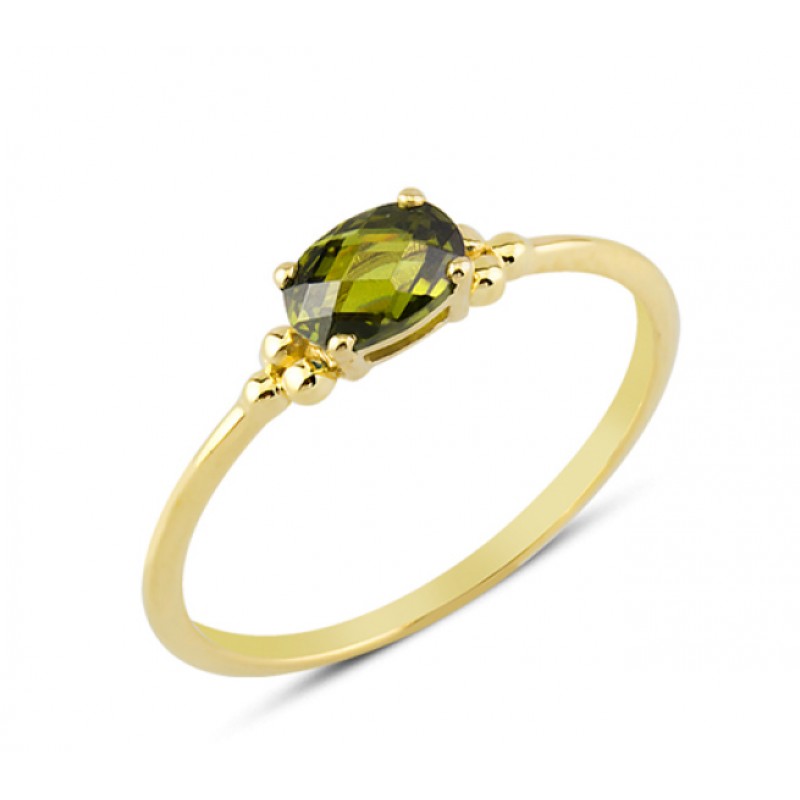14 Ayar Altın Yeşil Oval Taşlı Yüzük YZK008A