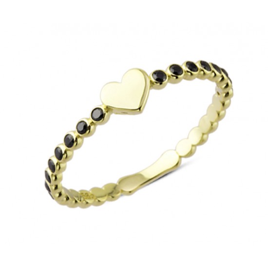 14 Ayar Altın Kalpli Siyah Mini Taşlı Yüzük YZK109B