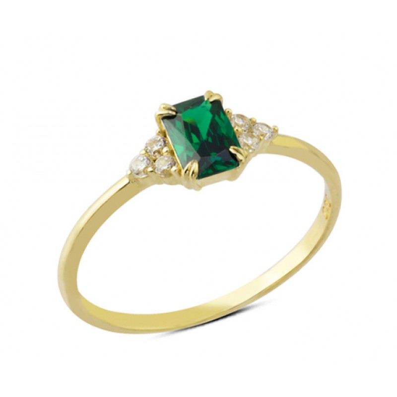 14 Ayar Altın Yeşil Baget Taşlı Yüzük YZK120B