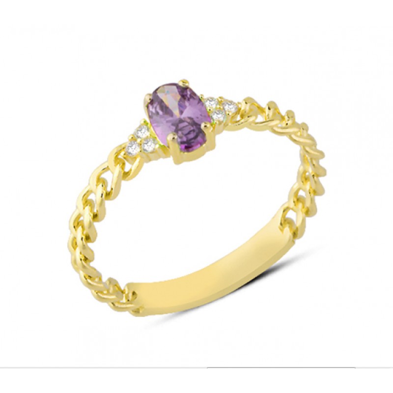 14 Ayar Altın Mor Taşlı Zincir Kollu Yüzük YZK125B