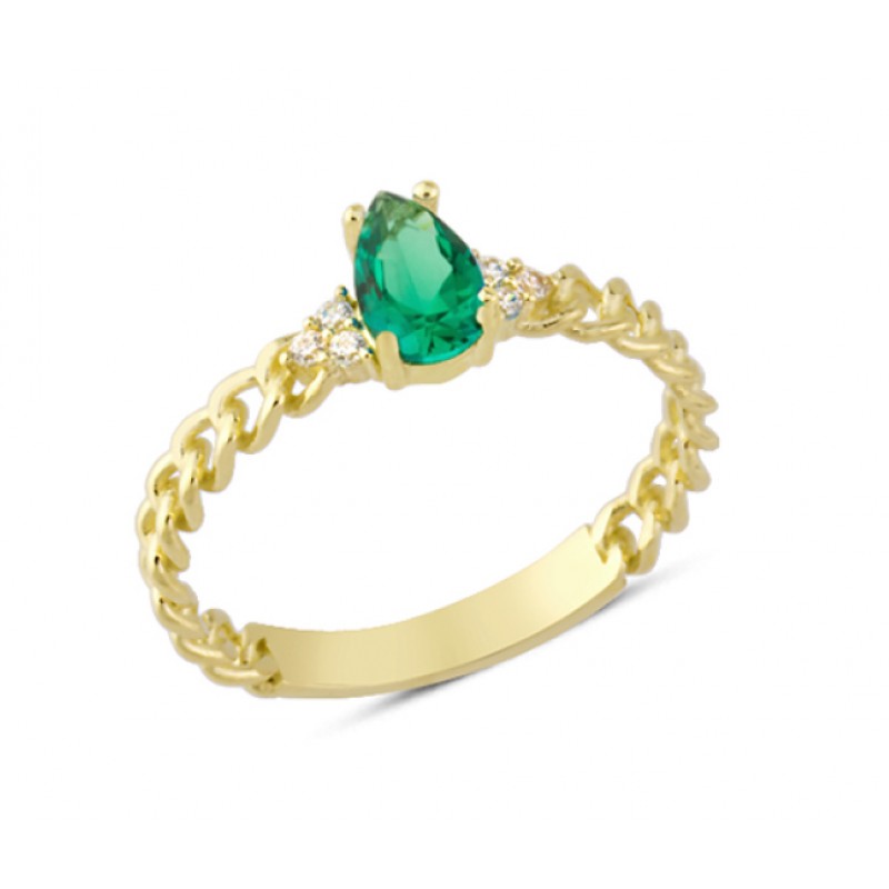 14 Ayar Altın Yeşil Damla Taşlı Yüzük YZK143B