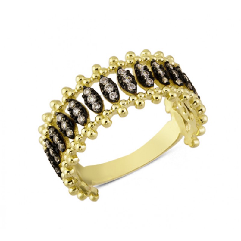 14 Ayar Altın Siyah Beyaz Taşlı Yüzük YZK159