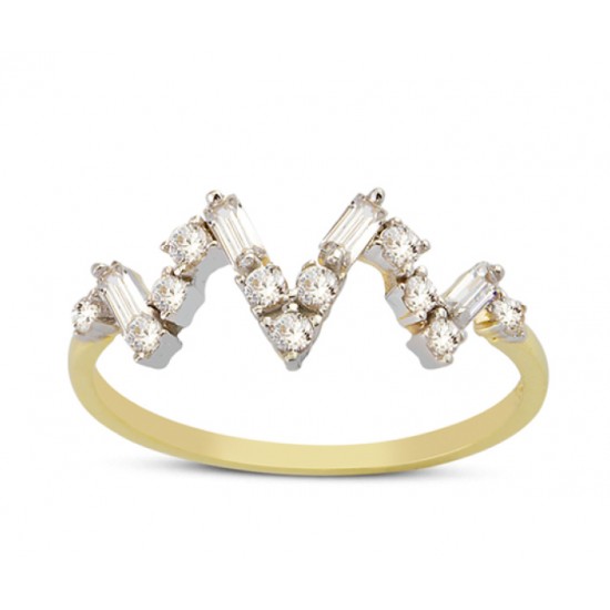 14 Ayar Altın Zikzak Baget Taşlı Yüzük YZK017