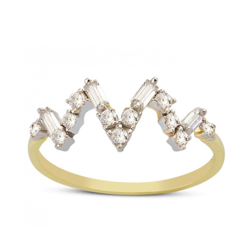 14 Ayar Altın Zikzak Baget Taşlı Yüzük YZK017