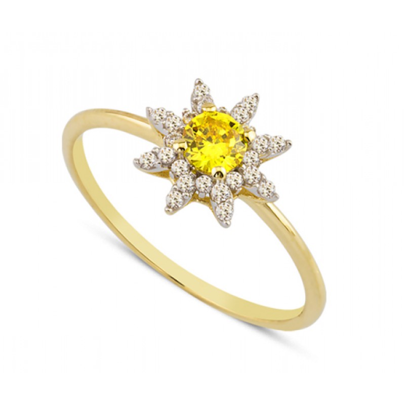 14 Ayar Altın Sarı Taşlı Çiçek Yüzük YZK021 14 Ayar Altın Sarı Taşlı Çiçek Yüzük YZK021