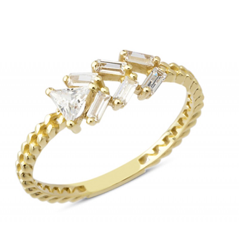 14 Ayar Altın Mini Beyaz Baget Taşlı Yüzük YZK028A