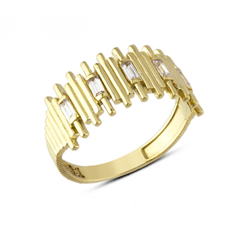 14 Ayar Altın Çizgili Baget Taşlı Yüzük YZK303