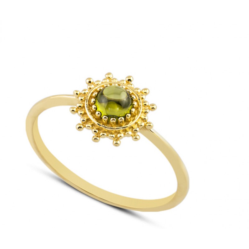 14 Ayar Altın Yeşil Yuvarlak Taşlı Yüzük YZK055B