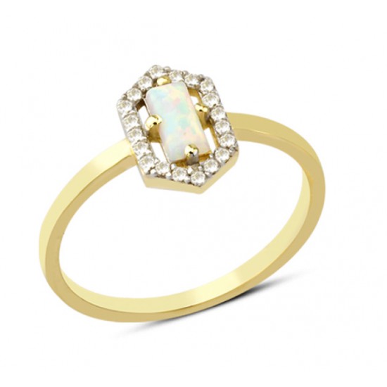 14 Ayar Altın Altıgen Beyaz Taşlı Yüzük YZK060A