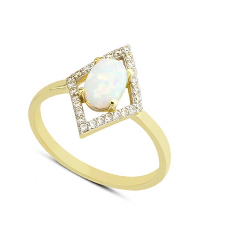 14 Ayar Altın Beyaz Taşlı Dörtgen Yüzük YZK061A