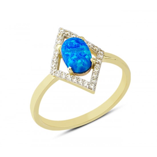 14 Ayar Altın Mavi Taşlı Dörtgen Yüzük YZK061B
