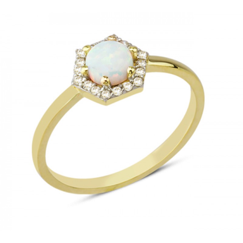 14 Ayar Altın Beyaz Taşlı Altıgen Yüzük YZK062A