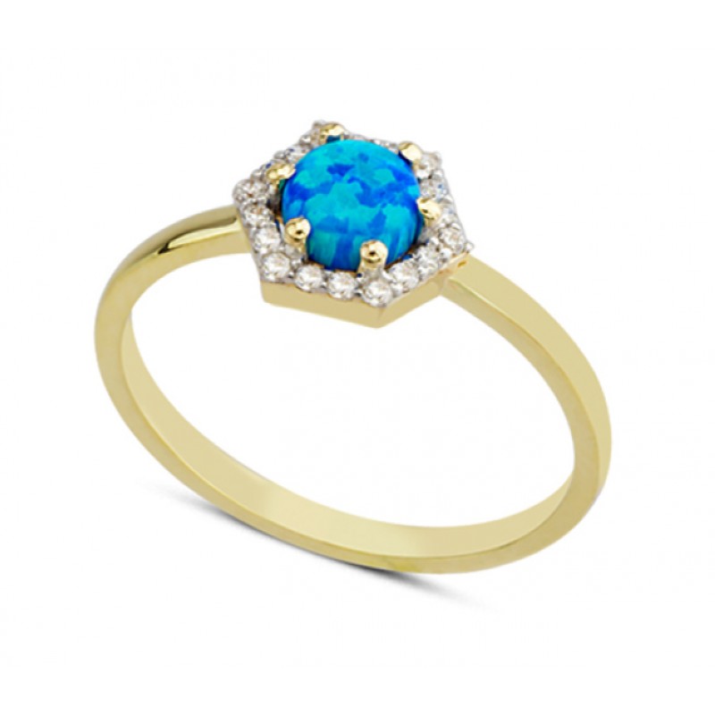 14 Ayar Altın Mavi Taşlı Altıgen Yüzük YZK062B