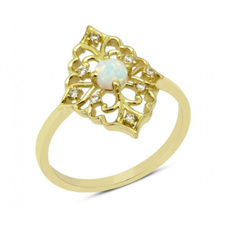 14 Ayar Altın Beyaz Taşlı Motifli Yüzük YZK065A