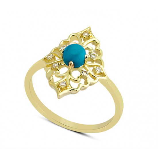 14 Ayar Altın Mavi Taşlı Antik Motifli Yüzük YZK065B