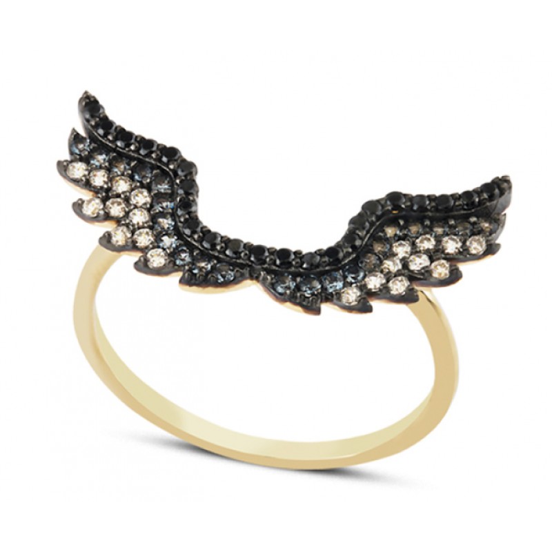 14 Ayar Altın Siyah Melek Kanadı Yüzük YZK068A
