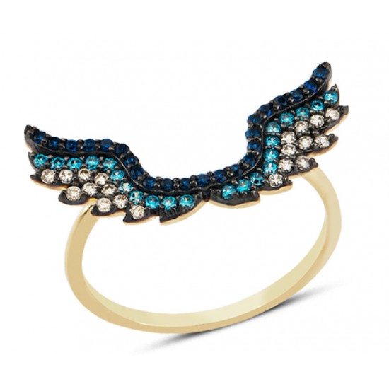 14 Ayar Altın Mavi Taşlı Melek Kanadı Yüzük YZK068B