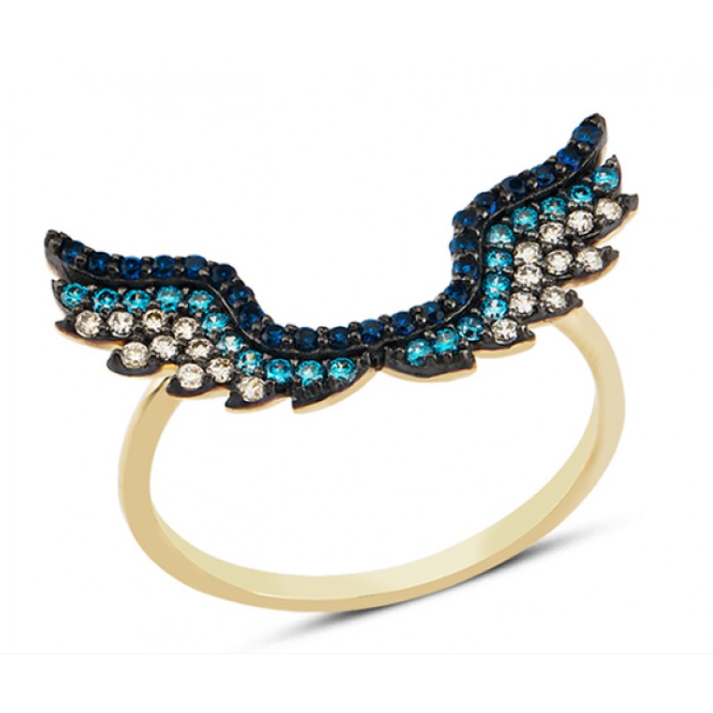14 Ayar Altın Mavi Taşlı Melek Kanadı Yüzük YZK068B