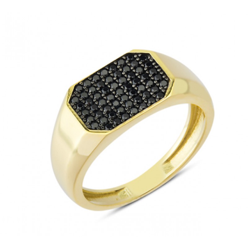 14 Ayar Altın Siyah Pave Taşlı Sekizgen Yüzük YZK073B