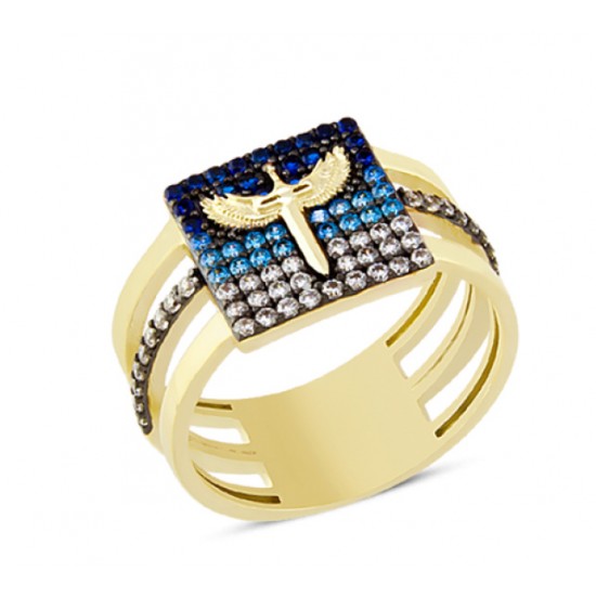 14 Ayar Altın Mavi Taşlı Mikail Kılıcı Yüzük YZK075A