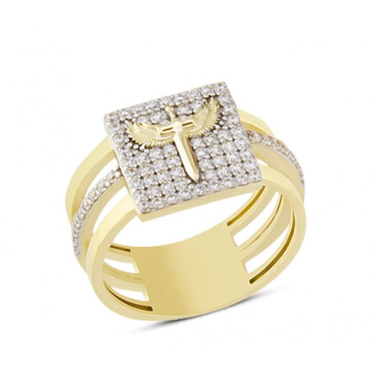 14 Ayar Altın Beyaz Taşlı Mikail Kılıcı Yüzük YZK075B