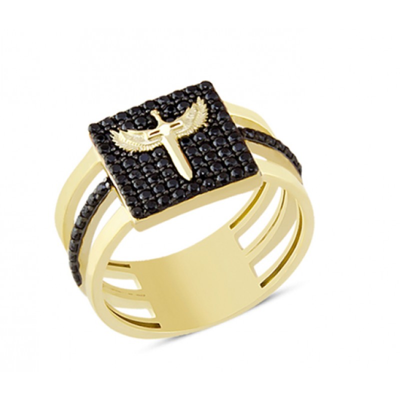 14 Ayar Altın Siyah Taşlı Mikail Kılıcı Yüzük YZK075C