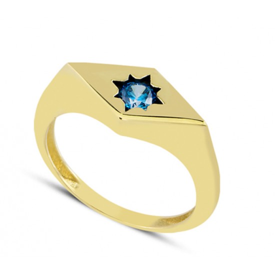 14 Ayar Altın Mavi Taşlı Sekiz Köşeli Yıldız Yüzük YZK076