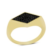 14 Ayar Altın Pave Taşlı Siyah Dörtgen Yüzük YZK077B