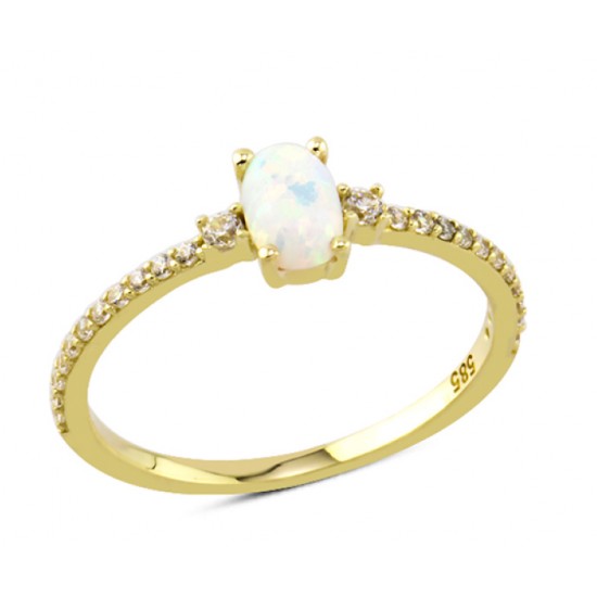 14 Ayar Altın Beyaz Oval Yan Taşlı Yüzük YZK099A