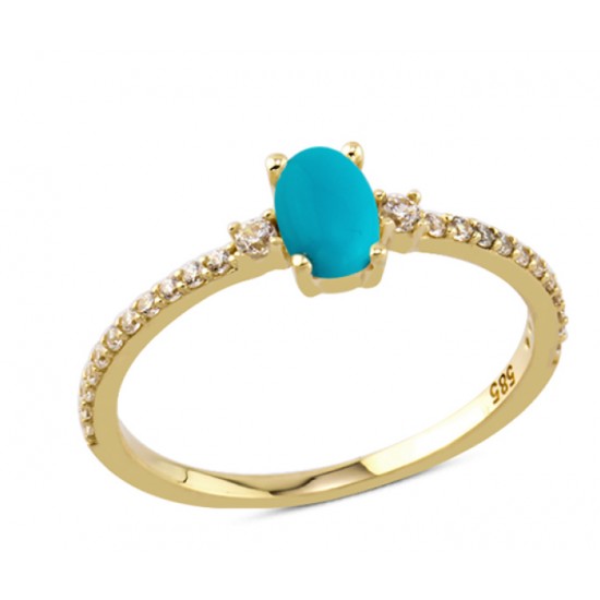 14 Ayar Altın Mavi Oval Yan Taşlı Yüzük YZK099B