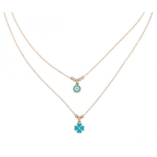 Çift Zincirli Nazar Yonca Gümüş Kolye GMS325