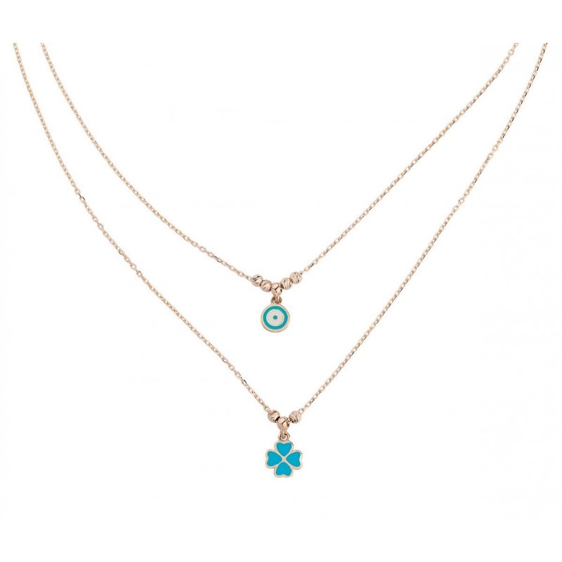 Çift Zincirli Nazar Yonca Gümüş Kolye GMS325