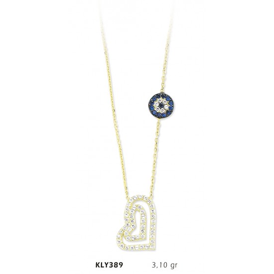 14 Ayar Altın Nazar Boncuğu Kalp Kolye KLY389