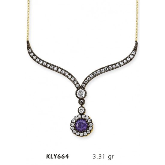 14 Ayar Altın Mor Taşlı Otantik Kolye KLY664 14 Ayar Altın Mor Taşlı Otantik Kolye KLY664
