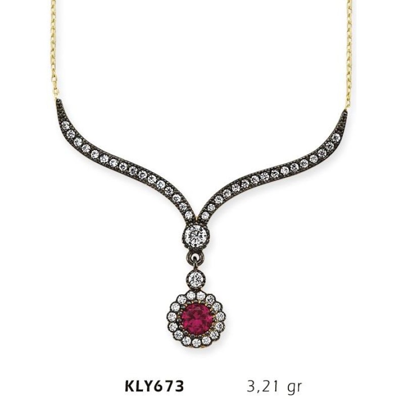14 Ayar Altın Kırmızı Taşlı Otantik Kolye KLY673 14 Ayar Altın Kırmızı Taşlı Otantik Kolye KLY673