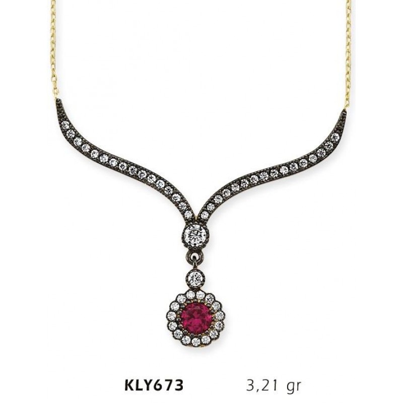 14 Ayar Altın Kırmızı Taşlı Otantik Kolye KLY673 14 Ayar Altın Kırmızı Taşlı Otantik Kolye KLY673