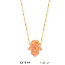 14 Ayar Altın Pembe Opal Taşlı Fatma Eli Kolye KLY816