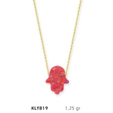 14 Ayar Altın Pembe Opal Taşlı Fatma Eli Kolye KLY819