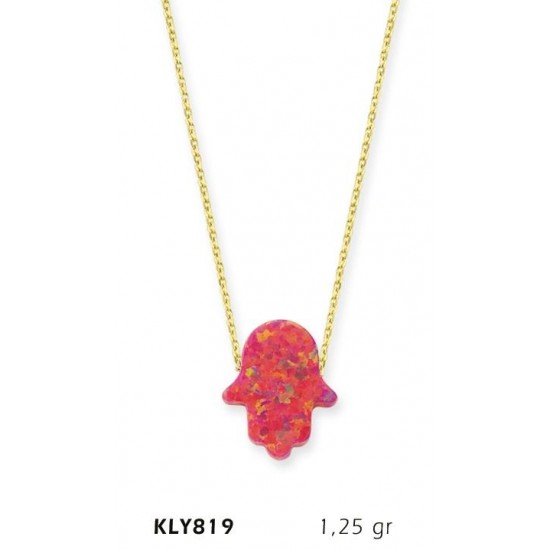 14 Ayar Altın Pembe Opal Taşlı Fatma Eli Kolye KLY819