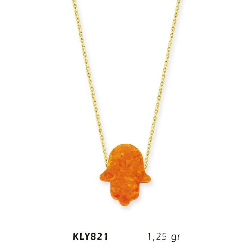 14 Ayar Altın Turuncu Opal Taşlı Fatma Eli Kolye KLY821